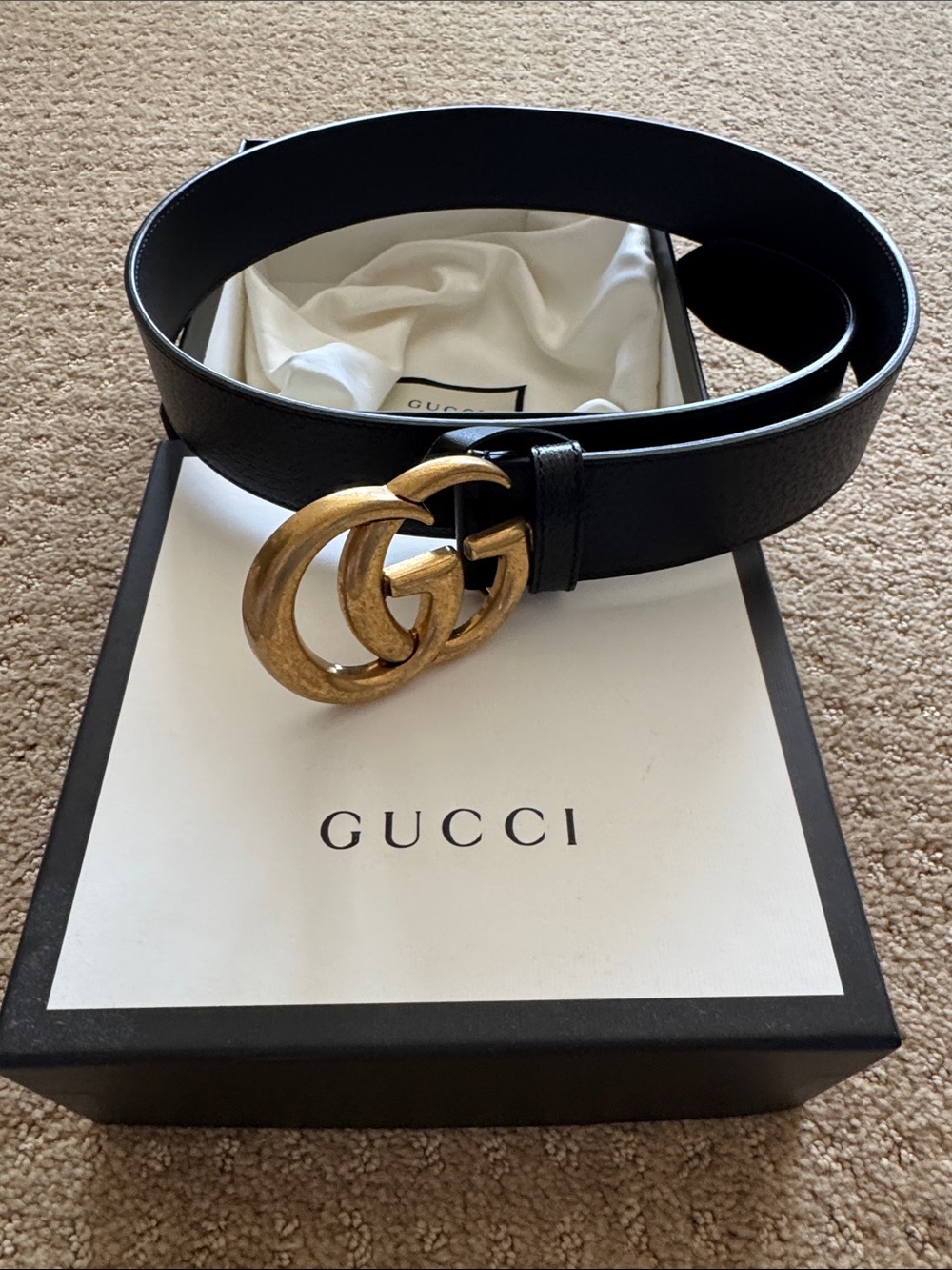 Gucci Marmont Black Wide Leather Belt with Gold Double G Buckle